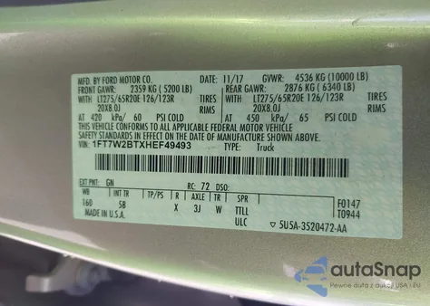 2017 Ford F-250 Lariat z USA, uszkodzony, nr VIN 1FT7W2BTXHEF49493